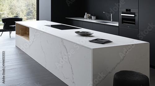 Modern kitchen with marble island, black cabinetry, and integrated appliances