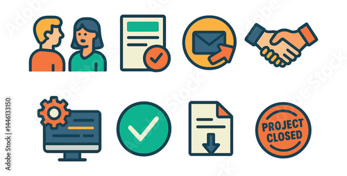 Flat vector icons of freelance project lifecycle: client briefing icon, scope definition sheet, proposal sent badge, agreement handshake icon, project in progress, milestone complete icon, final