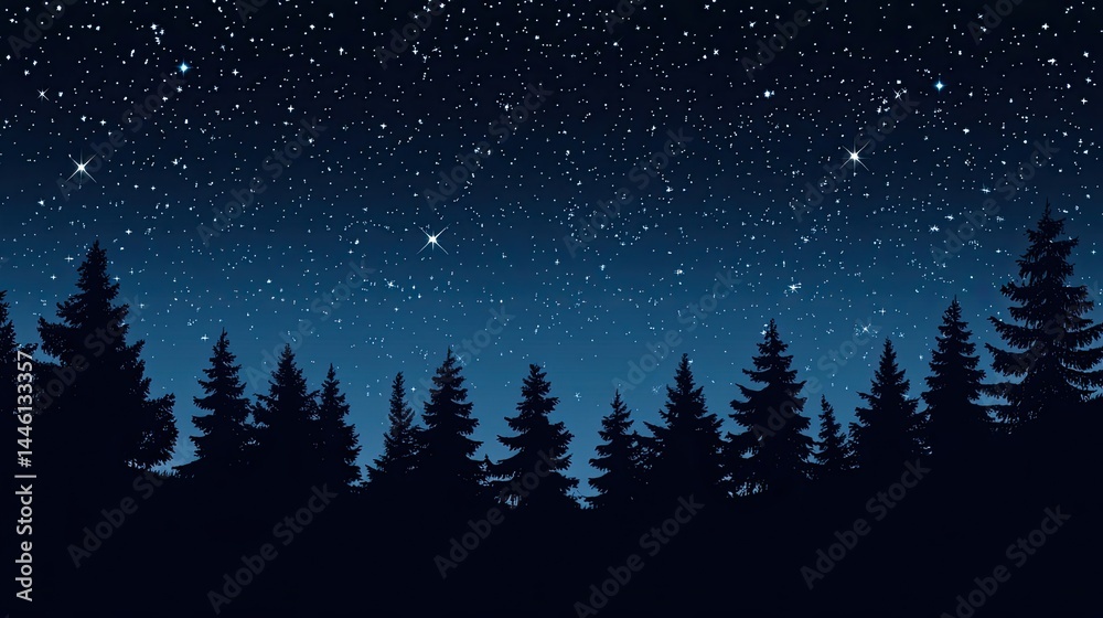 Fototapeta premium Starry Night Forest Silhouette Tranquil Nature Scene.