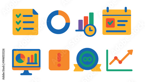 Flat vector icons of educational progress tracking: daily learning log, module percentage ring, time spent bar, weekly review card, progress dashboard icon, missed lesson alert, continuous learning