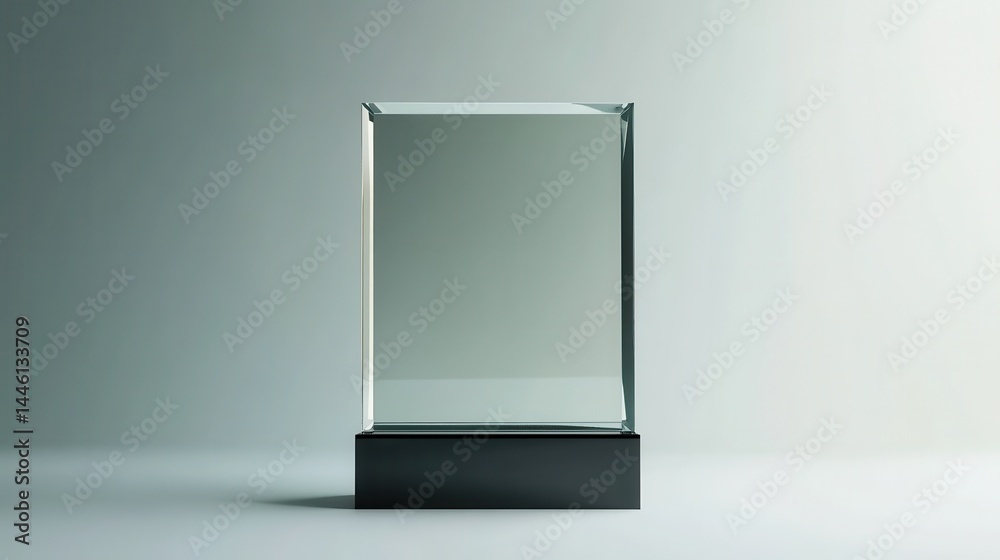 A stunning image of blank square glass trophy mockup, 3d rendering. Empty acrylic award design mock up. Transparent realistic crystal prize plate template. Premium first place.