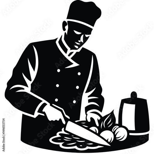 Professional Chef Culinary Arts Illustration  Masterful Knife Skills and Food Preparation