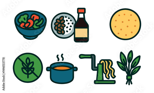 Flat vector icons of gluten-free cooking ingredients: vegetable stir-fry bowl, legumes and rice plate, tamari sauce bottle, corn tortilla icon, naturally gluten-free symbol, homemade broth pot,