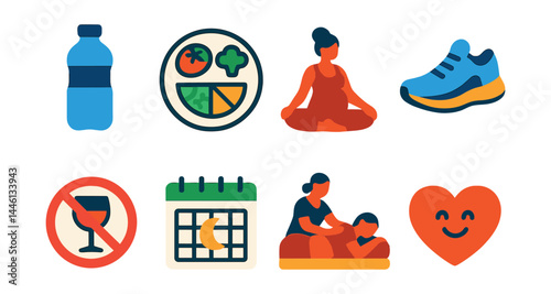 Flat vector icons of healthy pregnancy habits: drink water icon, balanced plate with veggies, gentle yoga pose, walking shoes badge, no alcohol symbol, rest time calendar, prenatal massage card,
