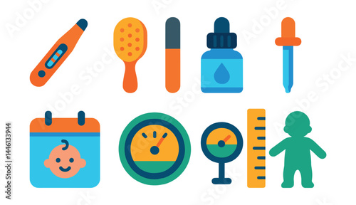 Flat vector icons of newborn health care: baby thermometer icon, soft brush comb, nail file for babies, saline drops bottle, infant medicine dropper, doctor visit calendar, weight check badge, height