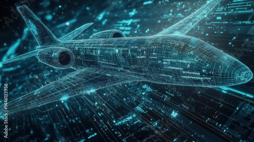 Fototapeta Naklejka Na Ścianę i Meble -  A stunning image of wireframe airplane in digital space showcasing futuristic aviation technology.
