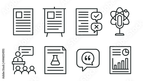Line style icons of science communication: journal article, academic poster, peer review, science podcast, lecture icon, lab report, citation bubble, data infographic.
