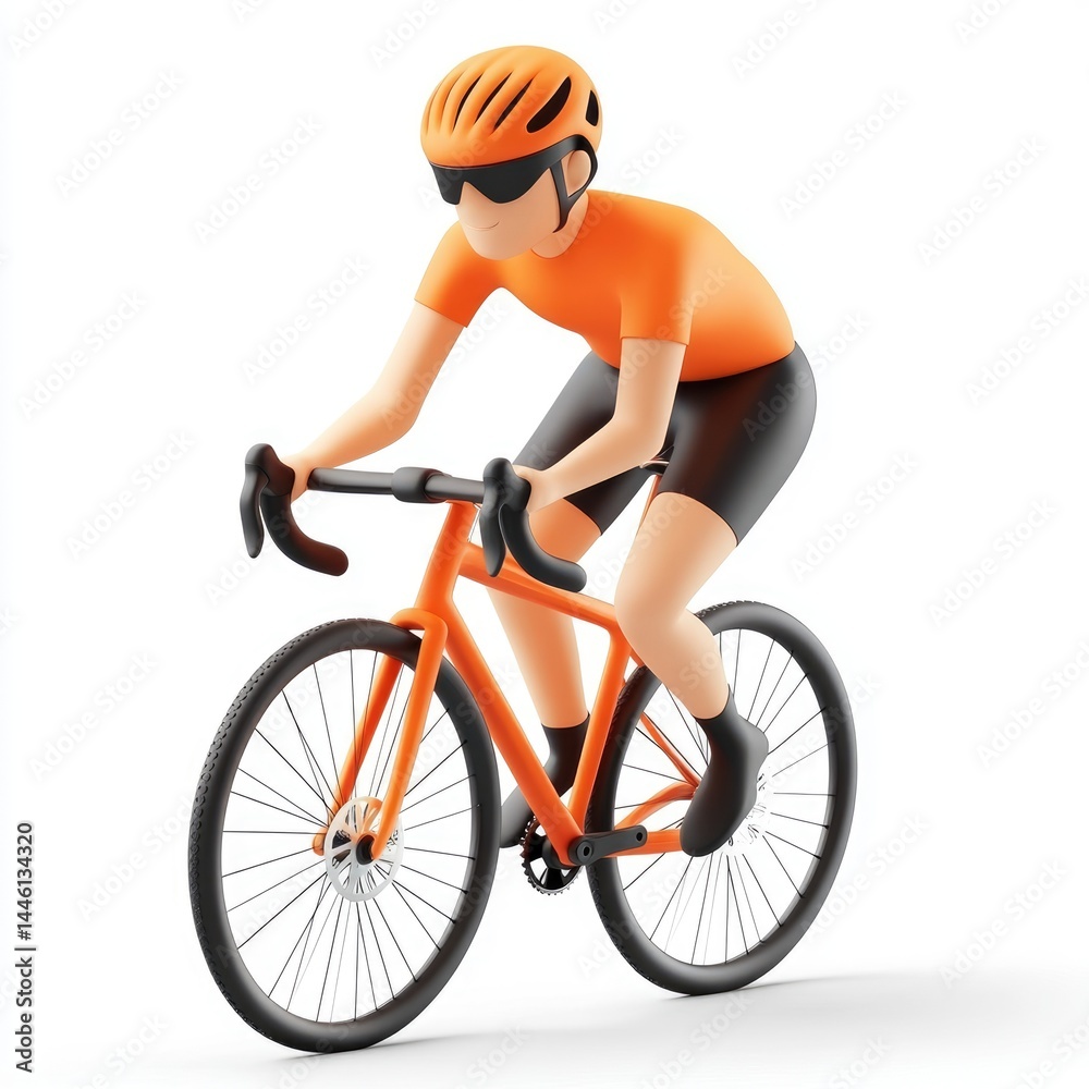 Naklejka premium 3D cartoon cyclist in vibrant orange gear.