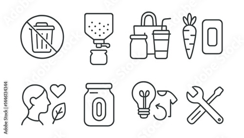 Line style icons of waste reduction: minimal trash, bulk refill, reusable tools, buy unpackaged, eco habit icon, zero-waste jar, rethink item, share tools.