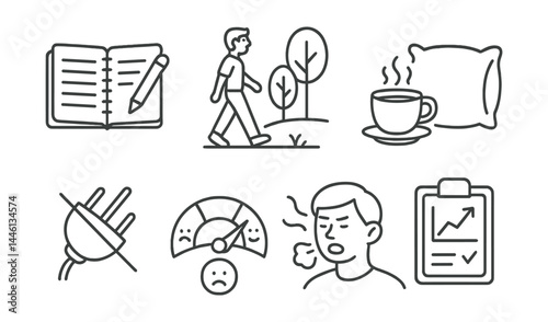 Line style icons of stress management: journal icon, walk in nature, tea moment, rest pillow, unplug symbol, stress scale, emotion release, recovery plan.