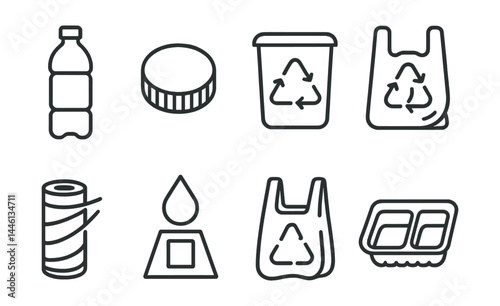 Line style icons of plastic-specific recycling: clear bottle, plastic lid, container triangle, bag return, shrink wrap, film drop point, soft plastics, hard plastic tray.