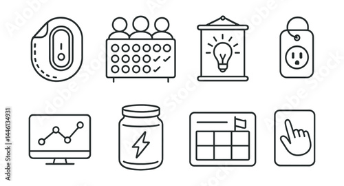Line style icons of energy behavior nudges: sticker switch reminder, group habit chart, hallway poster, smart plug label, visual usage tracker, energy jar, challenge board, nudge card.