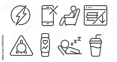 Line style icons of burnout prevention: energy icon, digital detox, relax seat, no overload, slow down sign, health tracker, nap break, hydration cup.