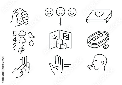 Line style icons of coping techniques: stress ball, emotion scale, grounding method, safe object, calming corner, sensory tool, finger tap guide, panic relief icon.