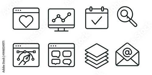 Line style icons of marketing tools: CRM icon, analytics tool, scheduling app, keyword planner, design suite, social dashboard, marketing stack, email sender.