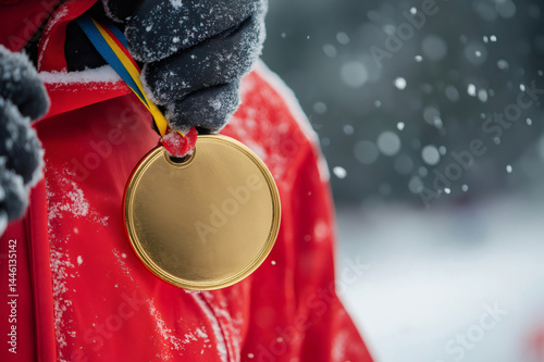 Athlete wearing gloves is showing a gold medal during a winter snowfall, celebrating victory in a snowy landscape