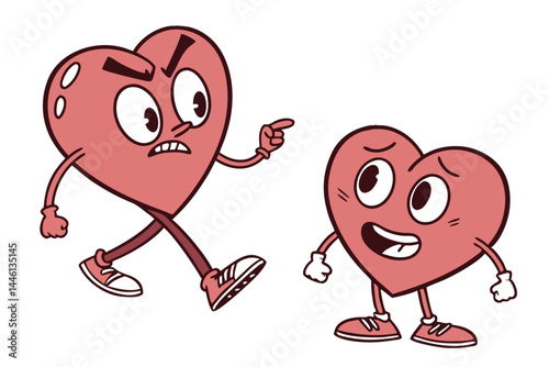 Two Heart Cartoon Characters; Angry Heart Pointing, Happy Heart Smiling, Walking, Love Concept