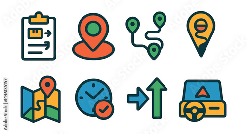 Flat vector icons of delivery route management: delivery sequence plan, geofence zone icon, multi-stop route, traffic-aware path, delivery map icon, time window indicator, turn-by-turn directions,