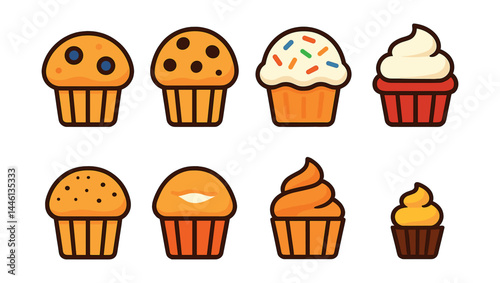 Flat vector icons of muffins and cupcakes: blueberry muffin, chocolate chip muffin, vanilla cupcake with sprinkles, red velvet cupcake, lemon poppy muffin, cream-filled cupcake, frosted swirl, mini