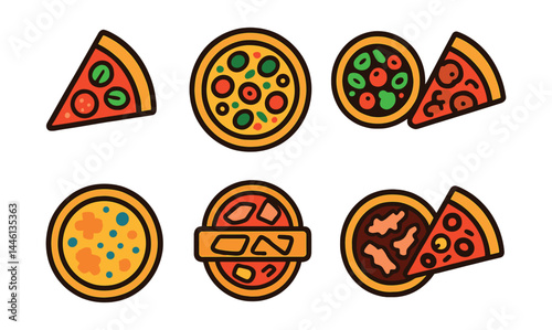 Flat vector icons of classic pizza types: margherita slice, pepperoni pizza, veggie pizza icon, meat lovers slice, four cheese pizza, Hawaiian pizza badge, BBQ chicken pizza, mushroom and olive pizza