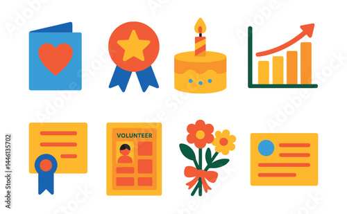 Flat vector icons of volunteer appreciation: thank you card icon, badge of service, milestone celebration cake, hours served chart, recognition certificate, volunteer wall of fame, appreciation