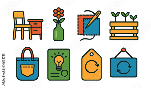 Flat vector icons of upcycling ideas: furniture repurpose icon, bottle to vase badge, fabric patch project, pallet garden symbol, old jeans to bag icon, creative reuse idea card, upcycled product
