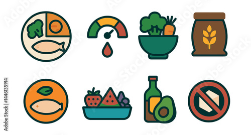 Flat vector icons of diabetes-friendly meals: balanced plate with fiber, low-glycemic index foods chart, non-starchy vegetables bowl, whole grain serving icon, lean protein badge, small portion fruit