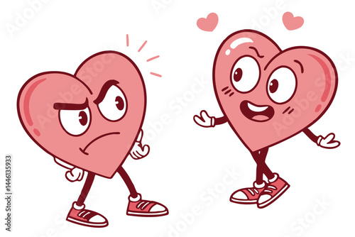 Cartoon Hearts with Attitude Happy, Loving Hearts & Angry, Disapproving One on Isolated