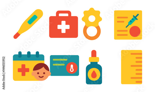 Flat vector icons of child health and wellness: baby thermometer, first aid kit, teething toy badge, vaccination record sheet, pediatric appointment icon, fever chart card, vitamin drops bottle,