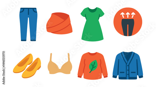 Flat vector icons of maternity fashion and comfort: maternity jeans icon, belly support band, soft cotton dress, stretchy leggings badge, flat shoes icon, maternity bra symbol, seasonal bump wear,