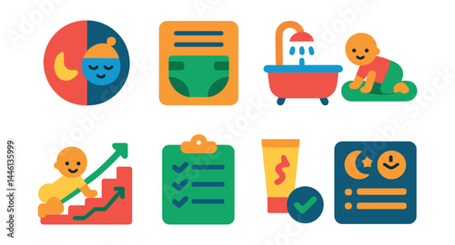 Flat vector icons of newborn routine: feed and sleep cycle chart, diaper change log, bath time schedule, tummy time reminder, growth progress tracker, routine checklist card, morning care plan,