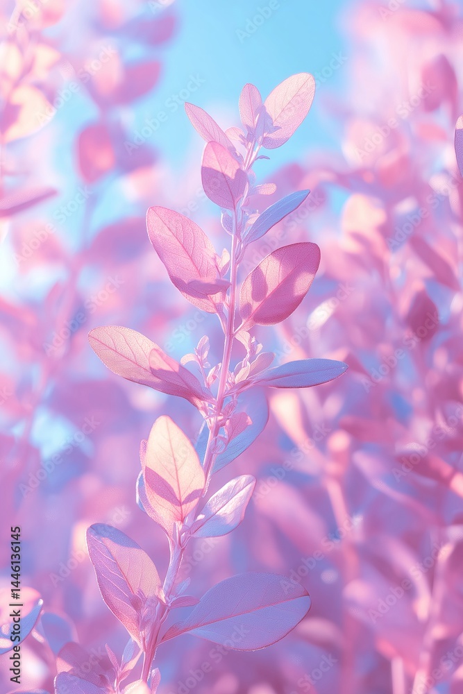 Fototapeta premium Stylized garden illustration featuring pink and purple leaves with a soft, pastel color palette and a minimalistic, artistic style