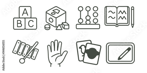 Line style icons of early learning tools: letter blocks, shape sorter, color match, tracing book, musical toy, counting fingers, animal flashcards, drawing mat.