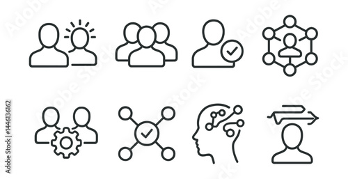 Line style icons of team dynamics: introvert/extrovert, team synergy, role clarity, responsibility web, collaboration node, creative flow, alignment icon, pulse check.
