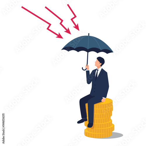 コインの山に座ったビジネスマンが傘で降り注ぐリスクの矢から資産を守る、資産保護・リスクヘッジのビジネスベクターイラスト