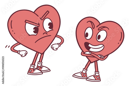 Cartoon Heart Characters Angry, Annoyed Hearts Stand Against Happy and Smirking One