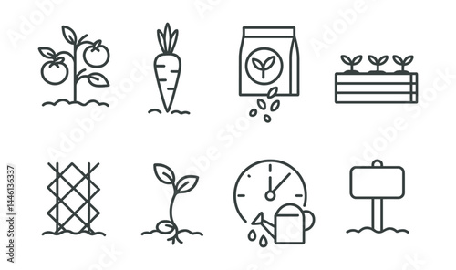 Line style icons of vegetable gardening: tomato plant, carrot top, seed packet, raised bed, garden trellis, bean sprout, watering schedule, row marker.