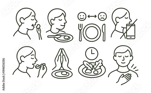 Line style icons of mindful eating: chew slowly, plate focus, hunger scale, no screen, calm bites, food gratitude, eat pause, body signal.