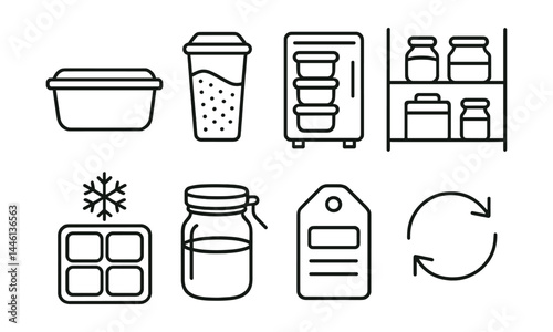 Line style icons of prep-friendly storage: glass container, dry bin, fridge stack, pantry shelf, portion freezer, airtight jar, label date, rotate use.