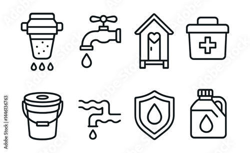 Line style icons of water and sanitation: water filter, tap station, latrine icon, sanitation kit, bucket with lid, water line, WASH badge, clean supply.