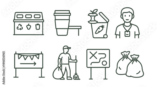 Line style icons of event waste management: sorting station, reusable cup zone, food bin, volunteer monitor, event signage, clean-up crew, station map, collection bags.