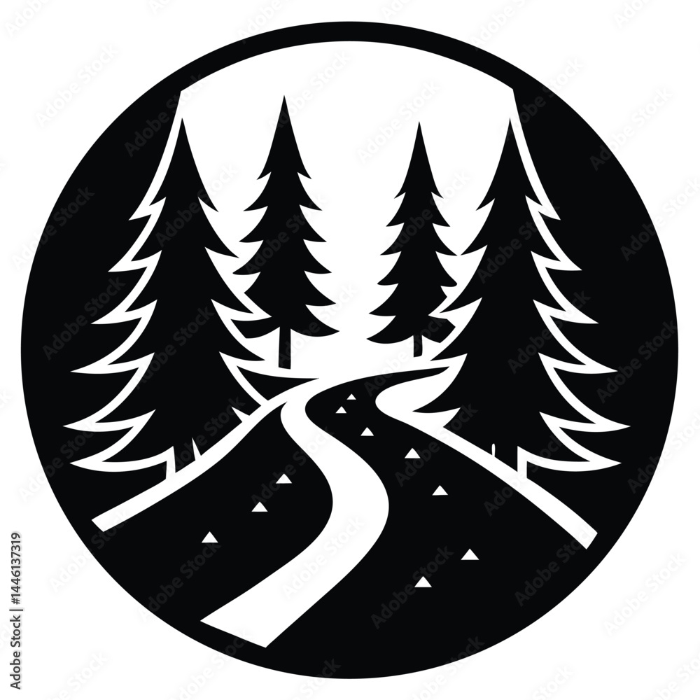 Fototapeta premium Serene Forest Path Winding River Through Evergreen Trees