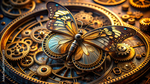 Steampunk butterfly, intricate mechanical gears, clockwork mechanisms, golden timepiece parts, ornate metallic details, vibrant blue and yellow butterfly wings, vintage pocket watch aesthetic