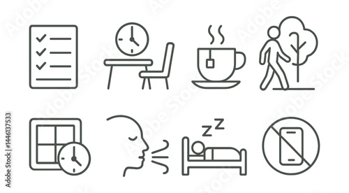 Line style icons of stress management: checklist icon, break time, drink tea, walk in park, time block, breathe icon, sleep zone, no phone sign.