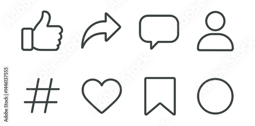 Line style icons of social engagement: thumbs up, share arrow, comment bubble, follower icon, hashtag tag, reaction heart, saved post, story icon.