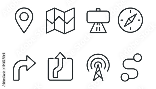 Line style icons of traffic and navigation: GPS pin, road map, highway sign, compass icon, turn arrow, detour symbol, live traffic, route line.