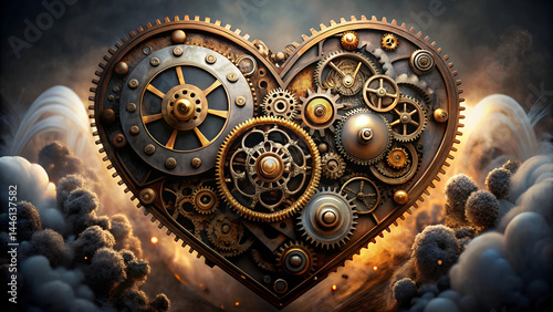 Steampunk heart, intricate brass gears, clockwork mechanism, metallic textures, ornate details, golden cogs, industrial aesthetic, mechanical love, Victorian era inspired, cloud background, 