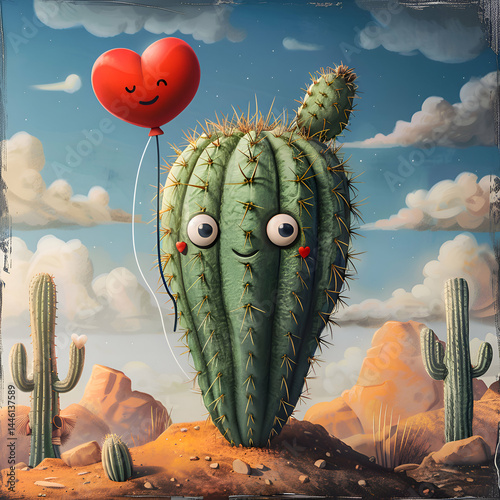 Cute Cactus with Heart Balloon in Desert Landscape