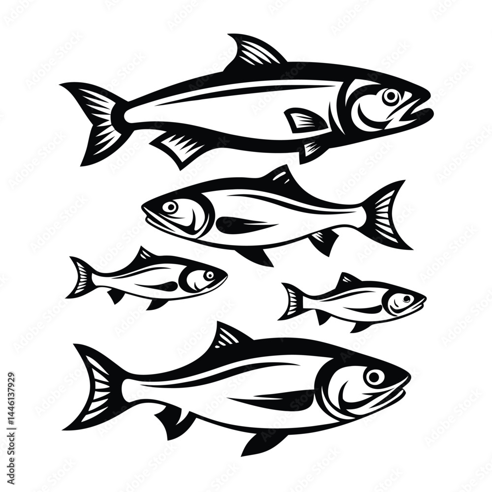 Fototapeta premium Stylized Monochrome Fish School, Marine Animal Design, Isolated Fishes On White Background