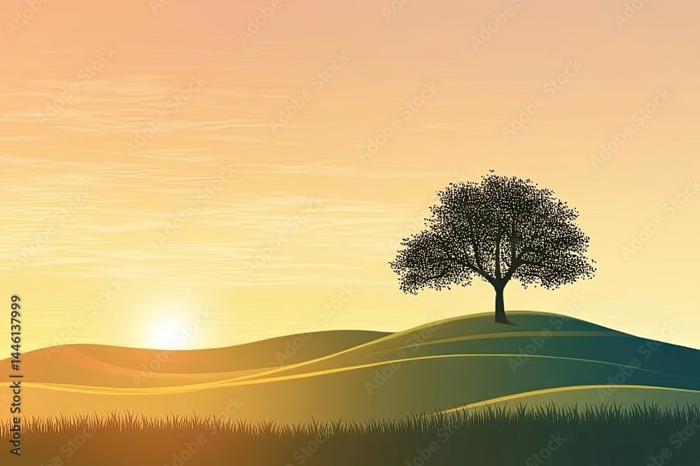 Fototapeta premium Sunset Serenity Lone Tree on Rolling Hills.
